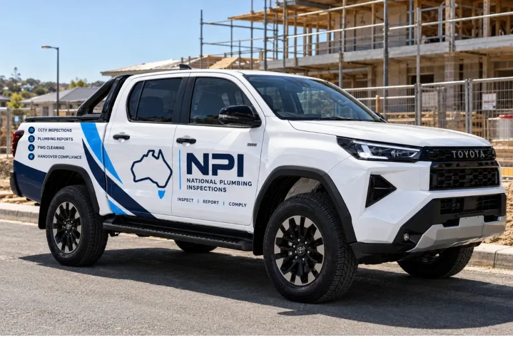 National Plumbing Inspections branded ute on a residential building site